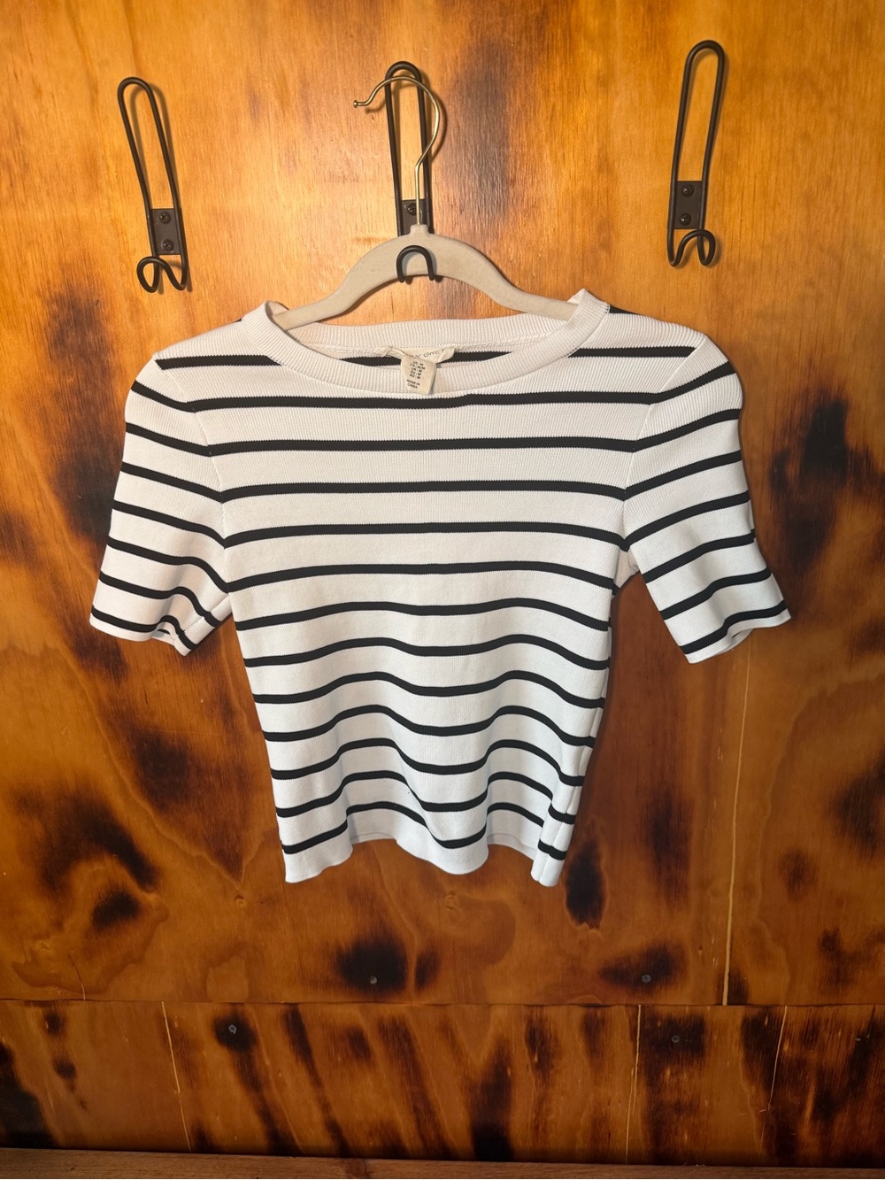 Striped White and Black Cropped Knit Top